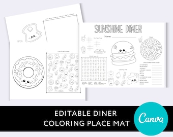 Restaurant Coloring Book, Editable Diner Coloring Page Printable, Canva Template Digital Download, Kids Pretend Restaurant Instant Download