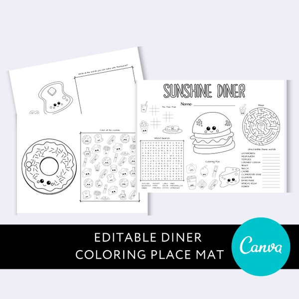 Restaurant Coloring Book, Editable Diner Coloring Page Printable, Canva Template Digital Download, Kids Pretend Restaurant Instant Download