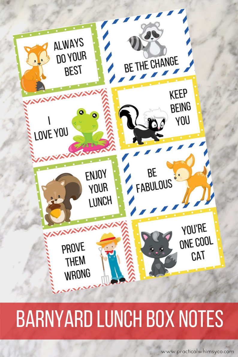 Printable Farm Animal Lunch Box Notes for Kids Barnyard Etsy