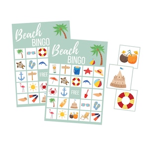 Cartões de BINGO de praia para crianças, jogo para download de verão para impressão, download instantâneo para festa de aniversário, reunião de família, atividades infantis, acampamento de verão