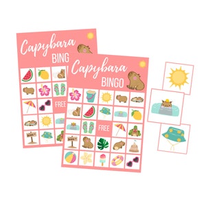 Tarjetas Capybara BINGO, Juego de playa imprimible para niños, Juego de fiesta de cumpleaños para adolescentes, Descarga digital tropical, Descarga instantánea de moda