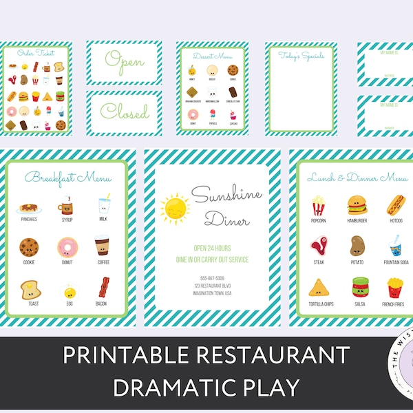 Printable Restaurant Dramatic Play, Pretend Play Diner Digital Download, Menu Instant Download, Preschool Curriculum, Homeschool, Toddlers