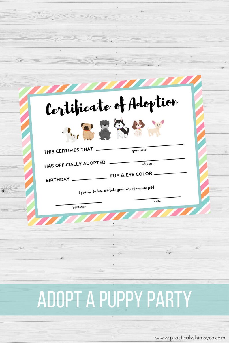 Printable Adopt a Puppy Party Dog Party Adoption Certificate - Etsy