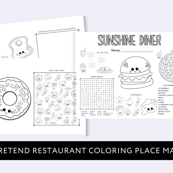 Printable Restaurant Place Mat, Coloring Page for Kids, Diner Digital Download, Pretend Play Instant Download