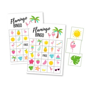 Juego de bingo de flamencos para imprimir, despedida de soltera de flamencos, despedida de soltera tropical, baby shower, fiesta de cumpleaños hawaiana, fiesta infantil