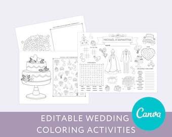 Wedding Coloring Book, Bridal Shower Kids Activities,  Rehearsal Dinner Coloring Pages, Personalized Download,  Editable Canva Template