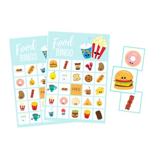 Druckbares Essen BINGO Spiel, Kawaii Restaurant Digitaler Download für Kinder, Geburtstagsfeier Sofortiger Download, Zusammen gehen, Erster Geburtstag