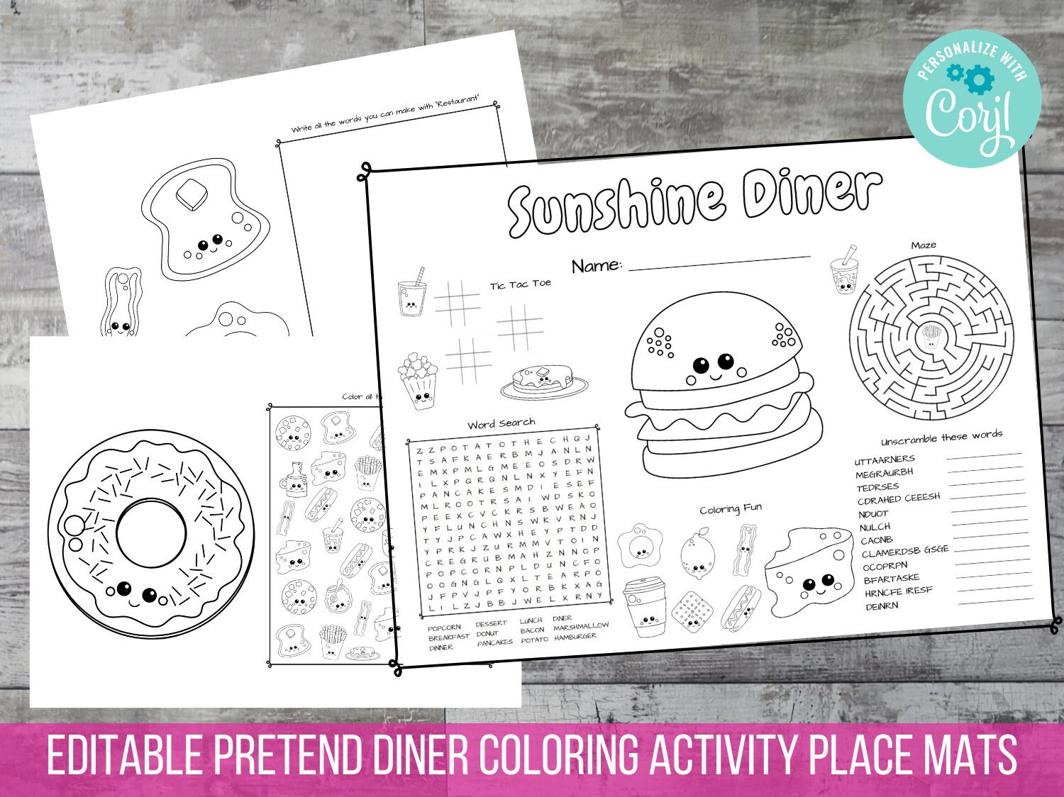 Editable Restaurant Place Mat Coloring Pretend Play Diner Etsy