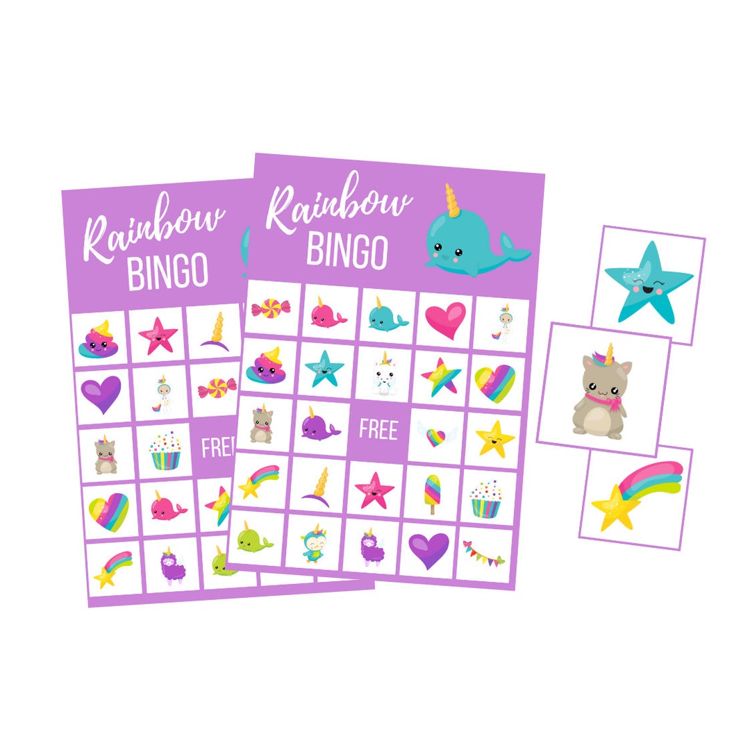 Printable Rainbow BINGO Game, Unicorn Digital Download, Narwhal Instant