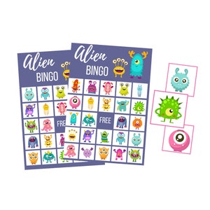 Afdrukbare buitenaardse bingokaarten, Outer Space Birthday Party digitale download, Monster Instant Download, Exterritoriale kleuterschool, peuter