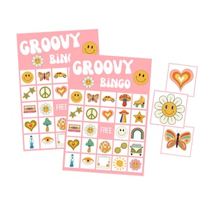 Groovy BINGO juego imprimible, aturdido y comprometido, juegos de despedida de soltera retro, Groovy One, cara sonriente, descarga instantánea del juego disco de los años 70
