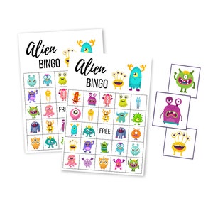 Tarjetas de BINGO alienígenas imprimibles, descarga digital de fiesta de cumpleaños del espacio exterior, descarga instantánea de monstruos, preescolar exterritorial, niño pequeño