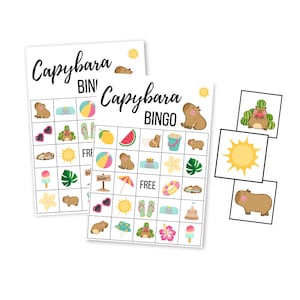 Tarjetas de bingo de capibara, juego de playa imprimible para niños, juego de fiesta de cumpleaños para adolescentes, descarga digital tropical, descarga instantánea de moda