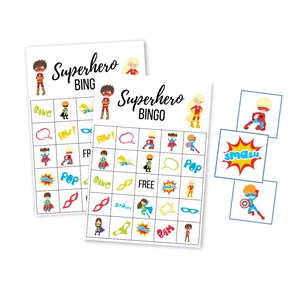 Superhelden BINGO Spiel, Printable Super Hero Geburtstagsparty, Aktivitäten für Kinder, digitaler Download, Sofortiger Download, Junge Geburtstag, Erster Geburtstag