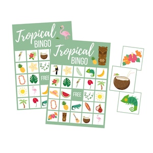 Juego de BINGO tropical, Descarga digital Flamingo, Descarga instantánea Hawaii Luau, Boda imprimible, Ducha nupcial, Baby Shower, Fiesta de cumpleaños