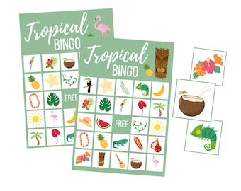 Tropical BINGO Game, Flamingo Digital Download, Hawaii Luau Instant Download, Wedding Printable, Bridal Shower, Baby Shower, Birthday Party