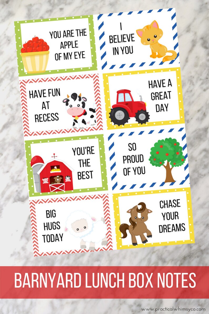 Printable Farm Animal Lunch Box Notes for Kids Barnyard Etsy