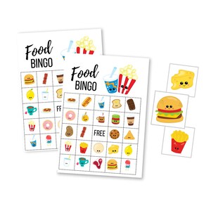 Afdrukbaar voedselbingospel, kawaii restaurant digitale download voor kinderen, verjaardagsfeestje direct downloaden, gaan samen, eerste verjaardag