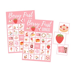 Beere Erster Geburtstag BINGO, 1. Geburtstag-Party-Spiele Printable, Erdbeer-Shortcake Digital Download, Geburtstagskind Sofort Download