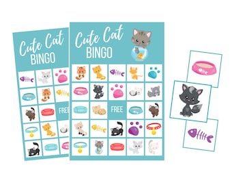 Printable Cat BINGO Game, Cute Cat Digital Download, Kids Birthday Party Instant Download, Pet Party, Family Game Night, Kitten Theme