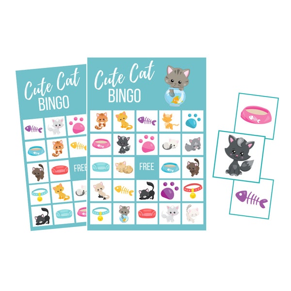 Printable Cat BINGO Game, Cute Cat Digital Download, Kids Birthday Party Instant Download, Pet Party, Family Game Night, Kitten Theme