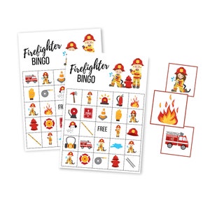 Tarjetas BINGO de bombero, Fiesta de cumpleaños de bombero imprimible Descarga digital para niños, Descarga instantánea de camión de bomberos, Primer cumpleaños