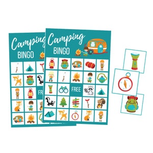 Jogo de BINGO de acampamento para impressão, download digital de verão, download instantâneo de festa de aniversário, noite de jogos em família, diversão ao ar livre, reunião de família