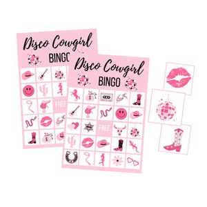 Cartes de BINGO-Disco Cowgirl, dernier enterrement de vie de jeune fille disco, fête d'anniversaire fille à imprimer, boule disco, Space Cowgirl, Let go Girls