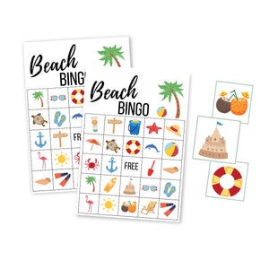 Cartões de BINGO de praia para crianças, jogo para download de verão para impressão, download instantâneo para festa de aniversário, reunião de família, atividades infantis, acampamento de verão
