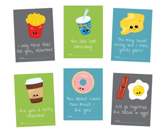 Food Valentines Day Card for Kids, Kawaii Printable Valentines Cards for School