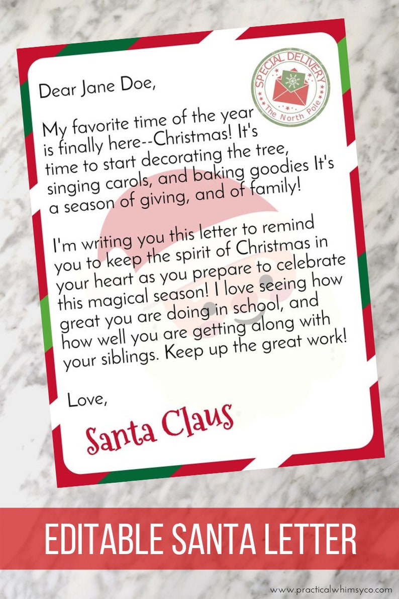 Editable Santa Letter Printable Letter From Santa Claus Etsy