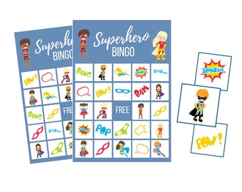 Printable Superhero BINGO Game, Kids Birthday Party Digital Download, Play Date Instant Download, Family Game Night, Comic Book theme