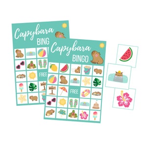 Capibara bingokaarten, afdrukbaar strandspel voor kinderen, tiener verjaardagsfeestje spel, tropische digitale download, trendy Instant Download