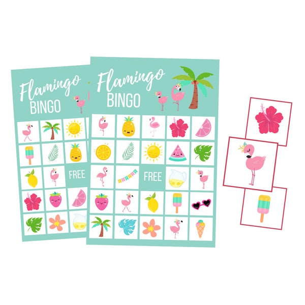 Druckbare Flamingo BINGO Spiel, tropischer digitaler Download, Hawaii Luau Sofortiger Download, Sommeraktivität für Kinder, Strandspiel, Geburtstagsfeier