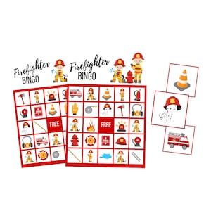 Druckbare Feuerwehr bingo Karten, Feuerwehrmann Geburtstagsparty digitaler Download für Jungen, Feuerwehrauto Sofort-Download, Vorschule