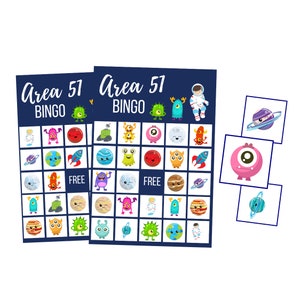 Área imprimível 51 cartões de BINGO, download digital alienígena, download instantâneo do espaço sideral, festa de aniversário infantil, planetas, noite de jogos em família