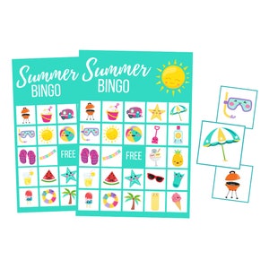 Cartões de BINGO de verão para impressão para crianças, jogo de download direto, download instantâneo de acampamento de verão, festa na piscina, reunião de família, atividade na praia