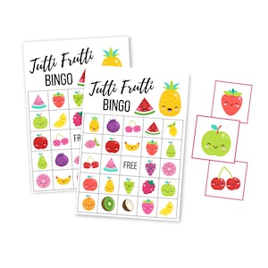 Tarjetas Tutti Frutti BINGO, fiesta de cumpleaños infantil imprimible juego de descarga digital, descarga instantánea de niña, fiesta de frutas, segundo cumpleaños