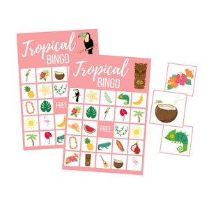 Juego de BINGO tropical, Descarga digital Flamingo, Descarga instantánea Hawaii Luau, Boda imprimible, Ducha nupcial, Baby Shower, Fiesta de cumpleaños