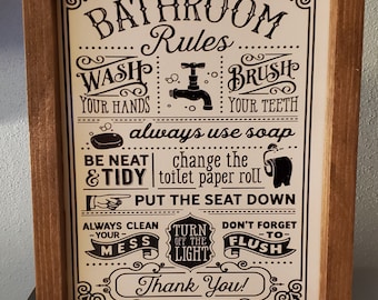 Bathroom Rules Framed Wood Sign, Funny Bathroom Sign, Framed Sign, Wood Sign