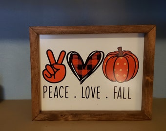 Peace Love Fall Wood Framed Sign, Autumn Sign, Fall Season Framed Sign, Pumpkin Sign