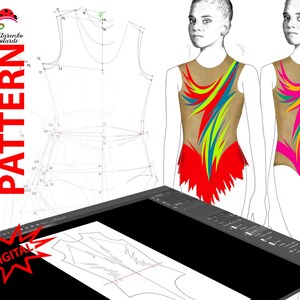 Pode incluir: Padrão digital para um maiô com um design abstrato colorido. O padrão é mostrado em uma tela de computador e inclui um desenho de um maiô com o design.