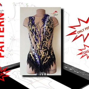 Pode incluir: Um padrão de costura digital para um maiô com um design preto, dourado e roxo. O padrão está disponível para download em PDF. A imagem também mostra um maiô em um manequim.