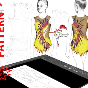 Pode incluir: Padrão digital para um maiô com um design de chamas amarelas, roxas e laranja. O padrão é mostrado em uma tela de computador e em uma modelo. O texto "Titenko Leotards" é visível na imagem.