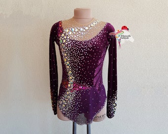 Puede incluir: Un leotardo de terciopelo morado con mangas largas y un escote de malla transparente. El leotardo está decorado con pedrería iridiscente de varios tamaños y formas.