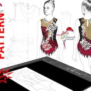 Pode incluir: Padrão digital para um maiô com um design floral preto, vermelho e branco. O padrão é exibido na tela de um computador e inclui um desenho de um maiô com medidas.