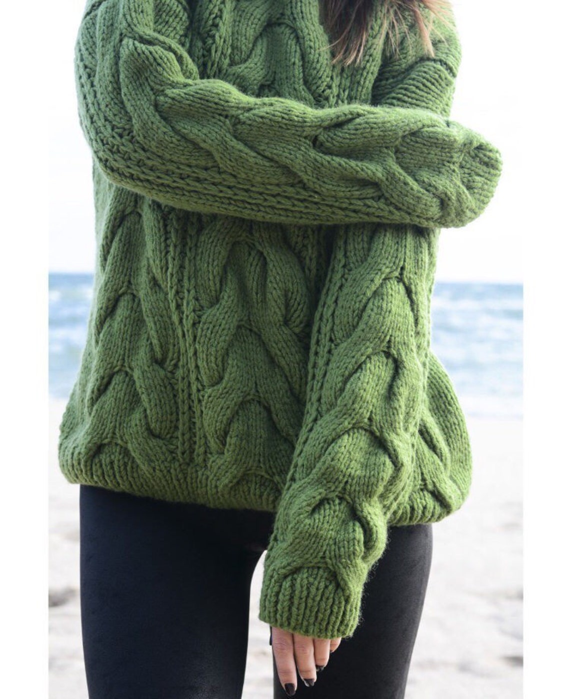 Wool crew neck sweater cable women Green chunky sweater women Etsy
