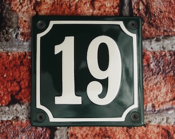 Classic Enamel House Number 19 sign. Cream Number on a Green background. 10x10cm.