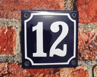 Classic Enamel House Number 12 sign. White number on a Blue background, 10x10cm.