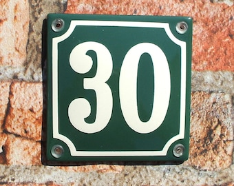Classic Enamels House No. 30 sign. Cream Number on a Green background. 10x10cm.